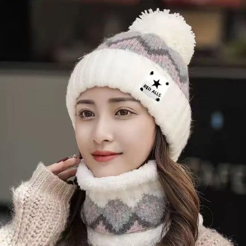 2PCS Winter Women Plush Velvet Hats Neck Warmer Hat Scarf Set Beanies Cycling Windproof Hat Outdoor Ear Protection