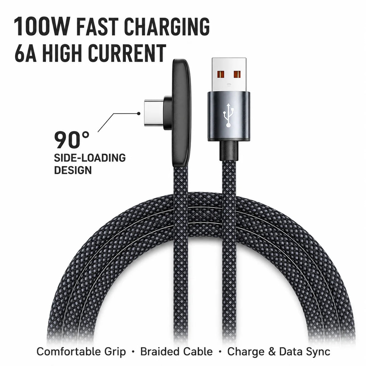 100W 6A Type C Gaming Cable, 90° Right Angle USB A to USB C Nylon Braided Fast Charging Data Cord for Samsung Xiaomi Huawei
