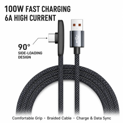 100W 6A Type C Gaming Cable, 90° Right Angle USB A to USB C Nylon Braided Fast Charging Data Cord for Samsung Xiaomi Huawei