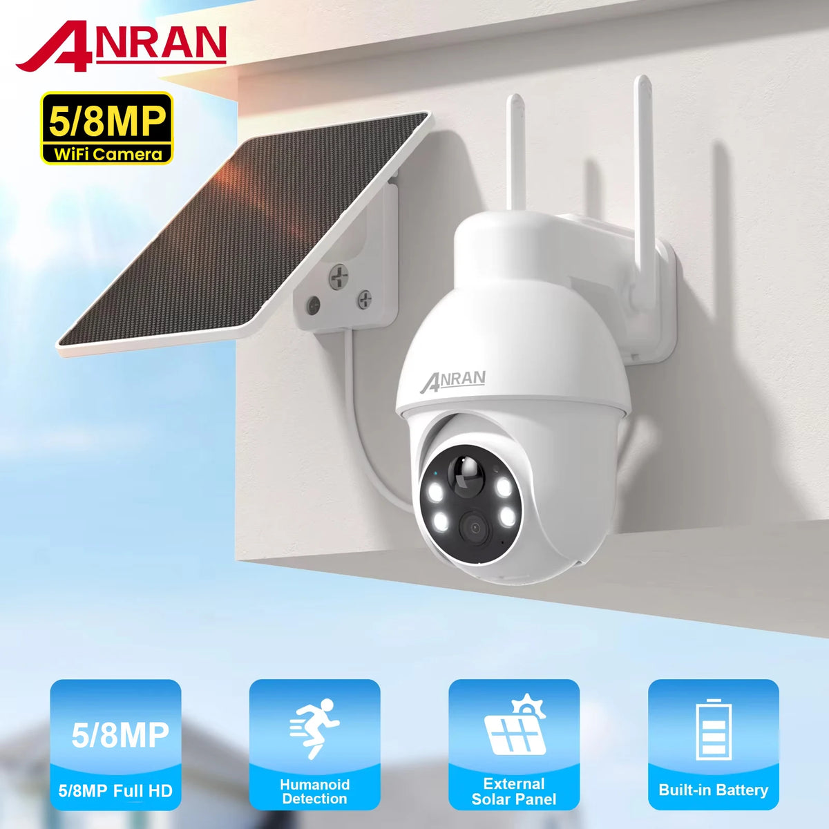 ANRAN 4K 8MP Solar Camera 3K 5MP 2.4G WIFI Camera Outdoor Battery Cams Home Protection Security Cameras PIR Human Detect Color Night Vision Two Way Audio
