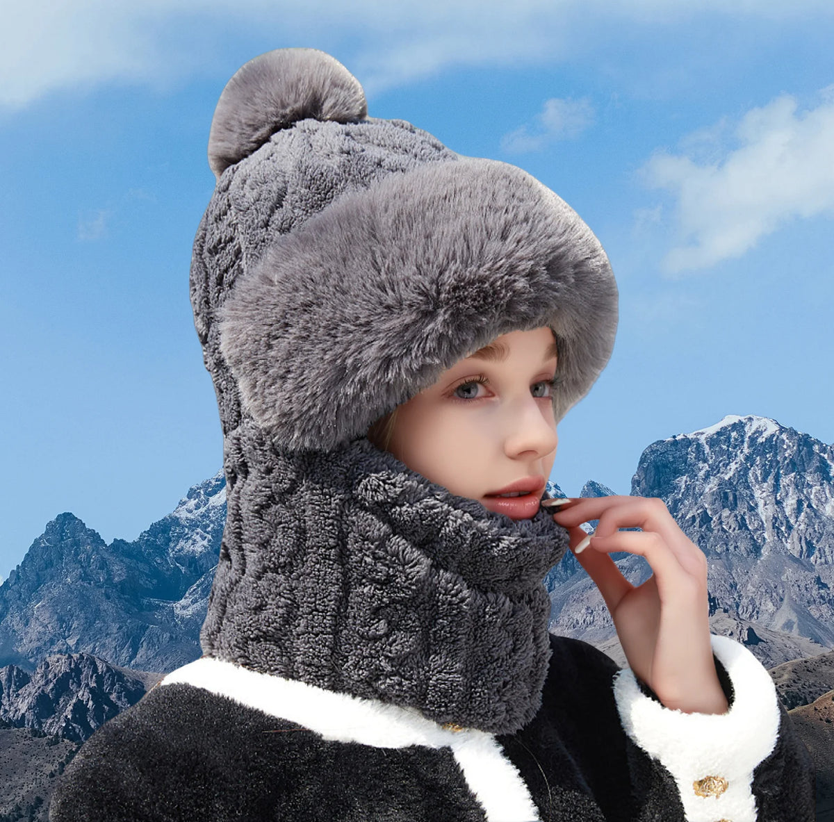 Women's Winter Plush Hat with Integrated Scarf and Mask Warm Fleece Lined Thermal Hooded Balaclava Outdoor Activities