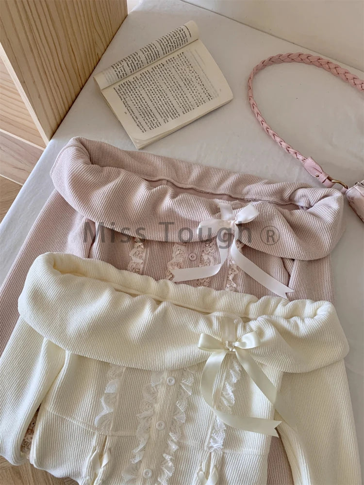 Autumn Winter Korean Fashion Sweet 2 Piece Set Women Off Shoulder Tops+ Fluffy Skirt New Pure Desire Chic Y2k Fairy Outfits 2025