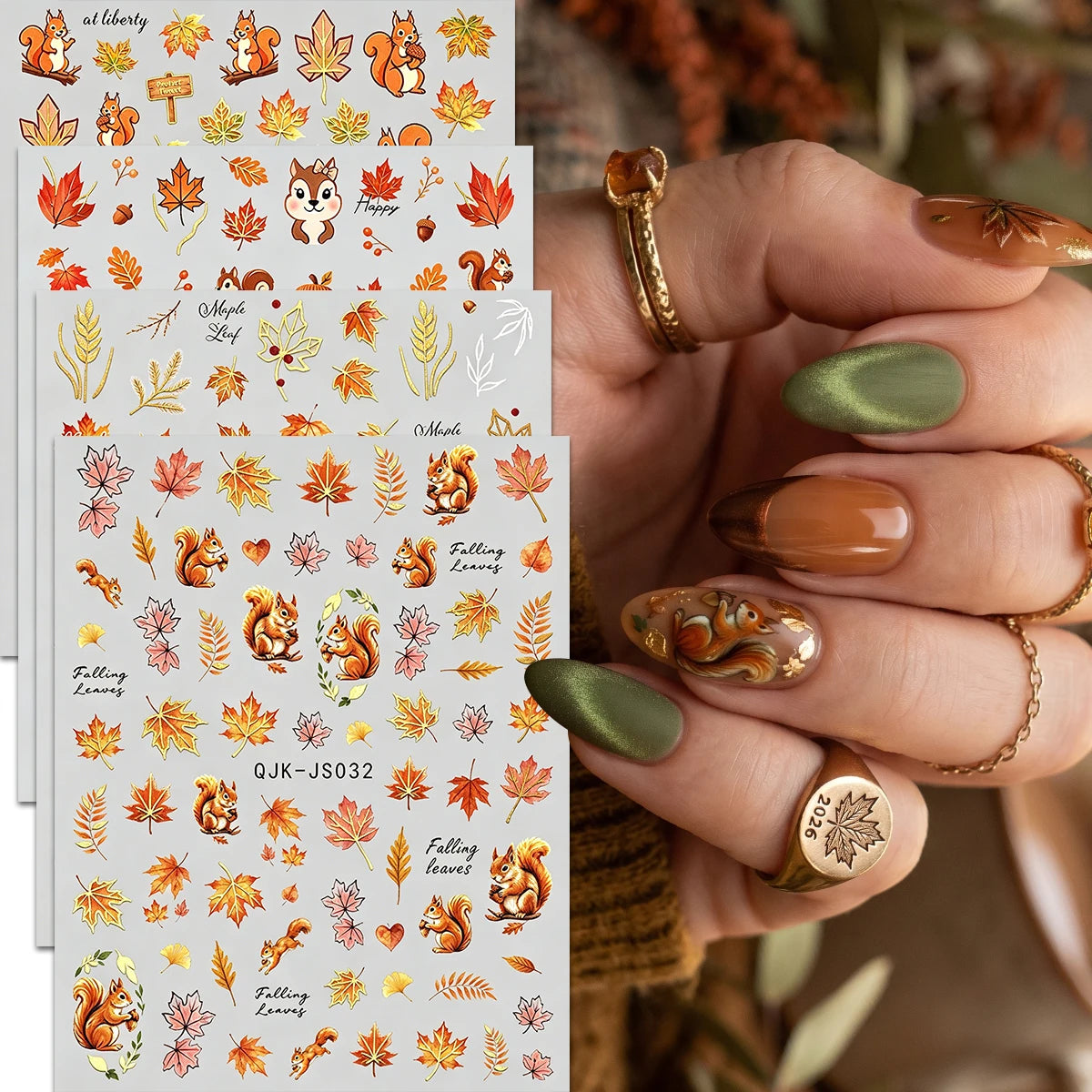 Metallic Autumn Nail Art Decals, Cute Fox Squirrel Hedgehog Maple Leaf Patterns, Retro Orange Gold Fall Theme