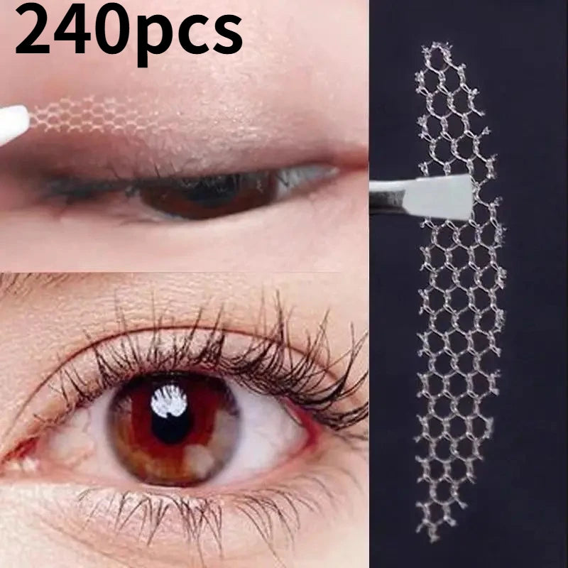 240pcs Invisible double-fold eyelid tape, natural lace, transparent Beige stripe Natural eye makeup with tools
