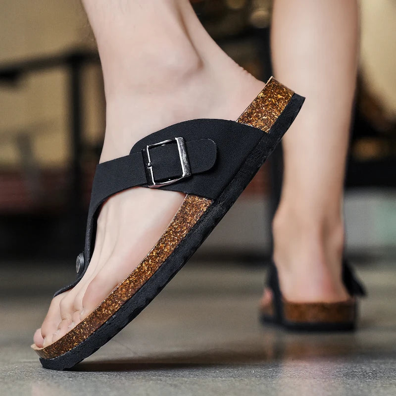 Men's frosted cork casual flip flops slippers comfortable refreshing summer outdoor beach shoes fashion youth breathable sandals