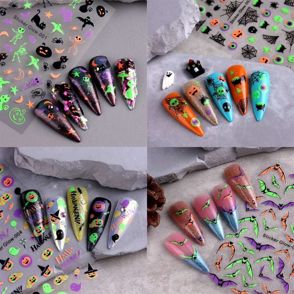 Glow In The Dark Halloween Nail Stickers, Minimalist Line Art Pumpkin Ghost Spider Bat Self-Adhesive Luminous Nail Decals