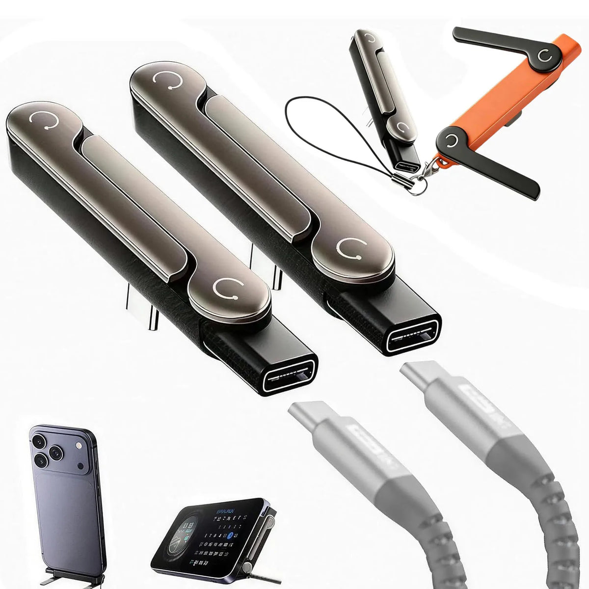240W Detachable 2 in 1 USB Type C Flat Quick Charger Cable Kick Cable Foldable Stand Fast Adapter Portable for Desktop Use