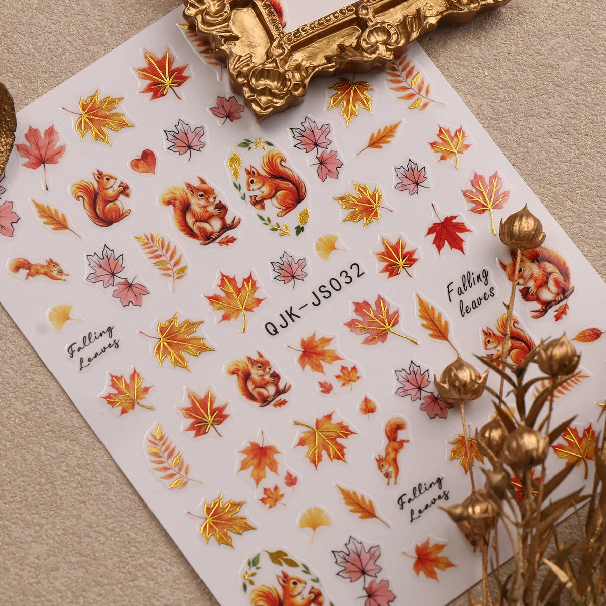Metallic Autumn Nail Art Decals, Cute Fox Squirrel Hedgehog Maple Leaf Patterns, Retro Orange Gold Fall Theme